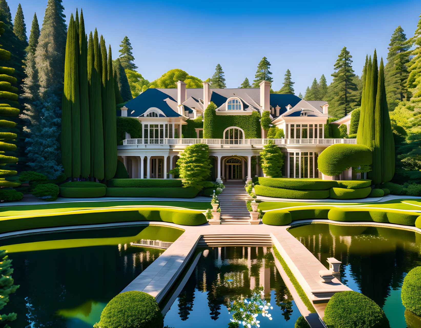 Symmetrical Topiary Garden & Reflection Pool at Luxurious Mansion