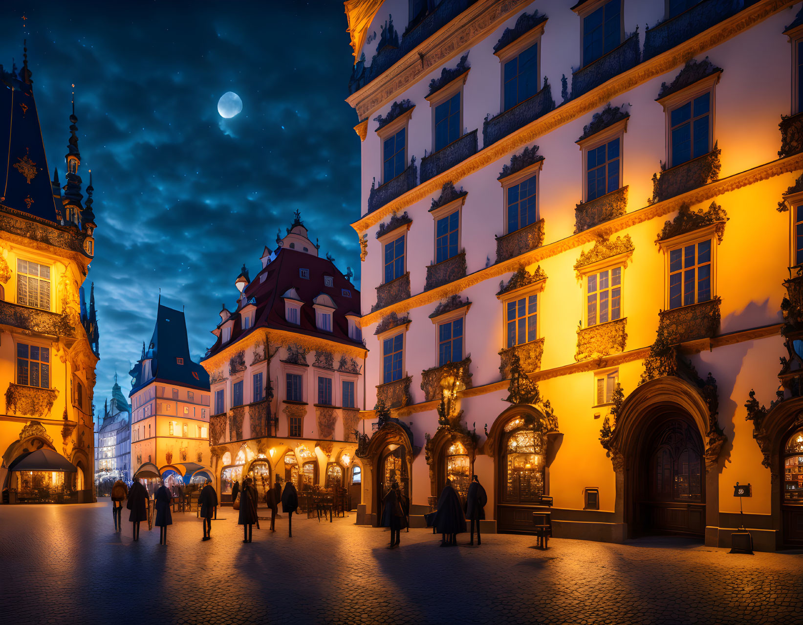 European Town Square Twilight Scene with Classical Architecture and Crescent Moon