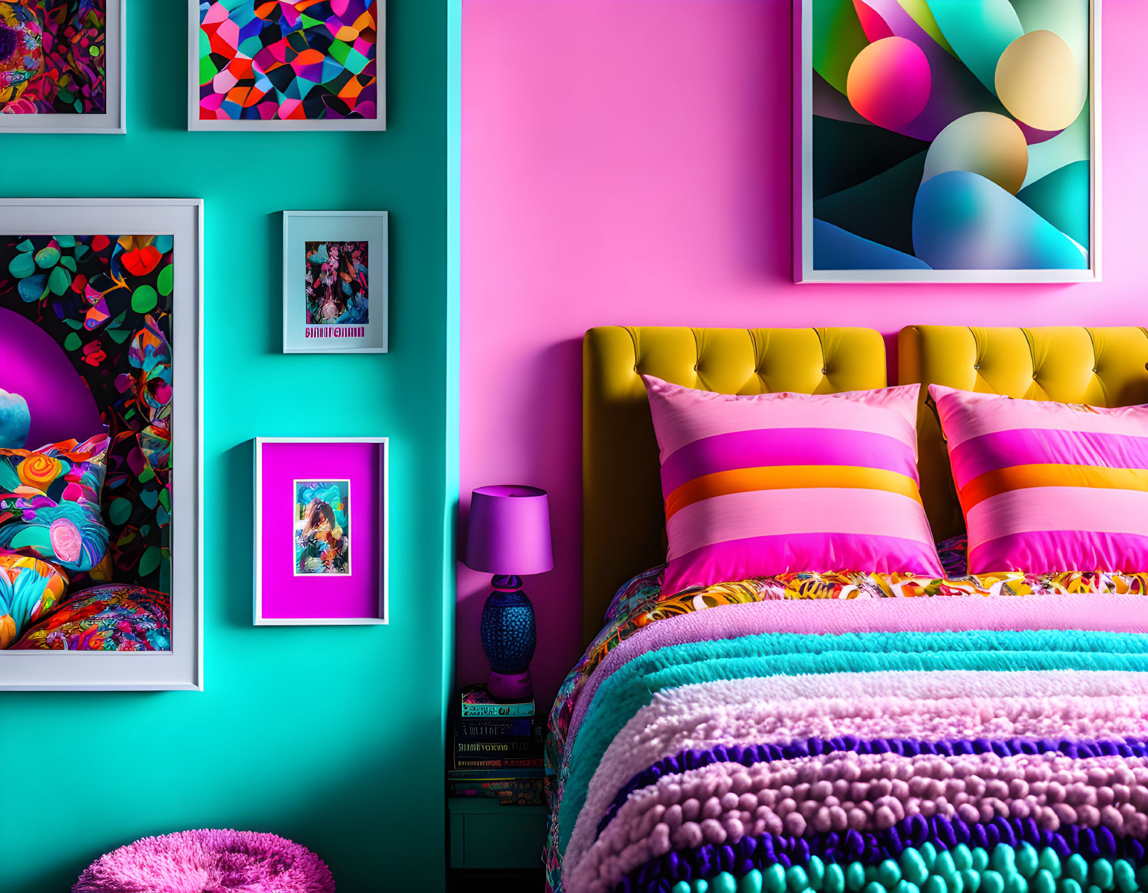 Colorful Bedroom Decor with Pink & Turquoise Walls & Abstract Art