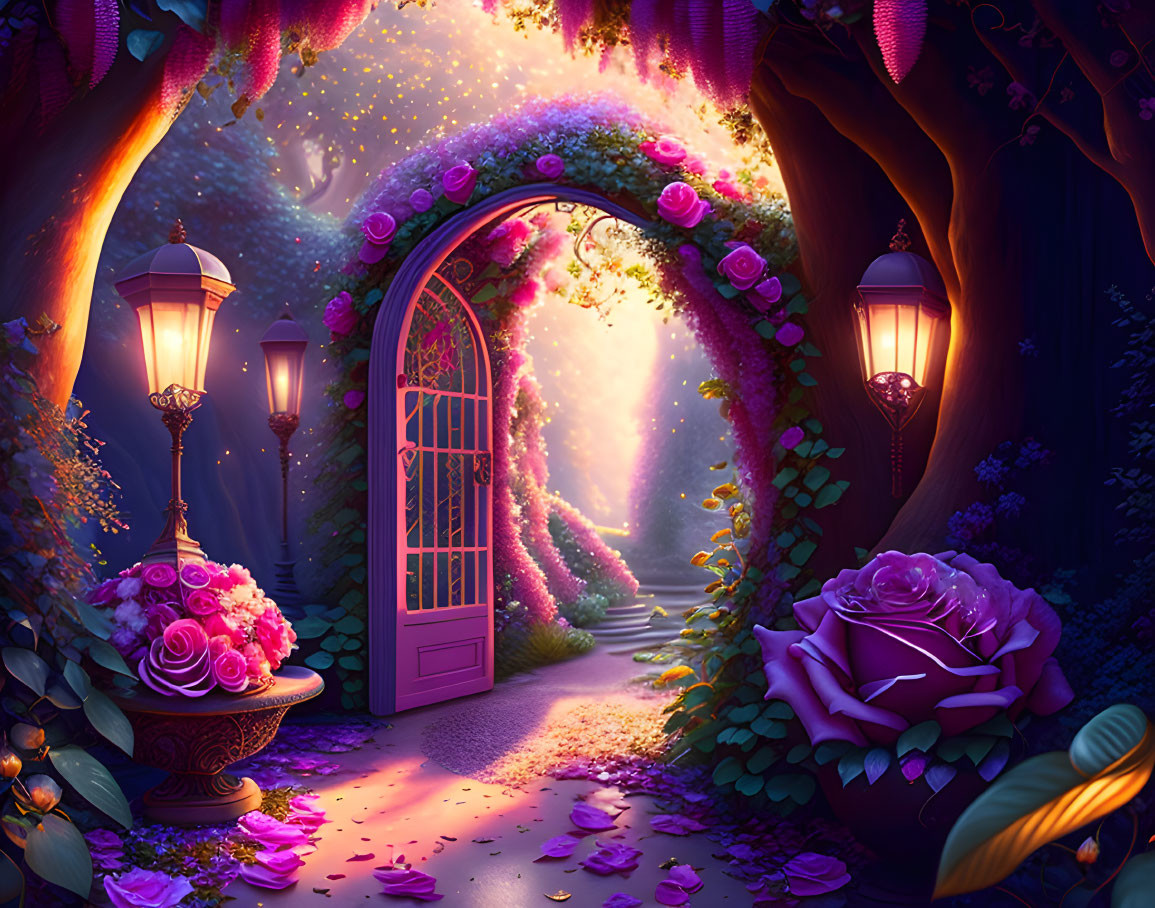 Whimsical purple pathway with lanterns, ornate door, flower archway