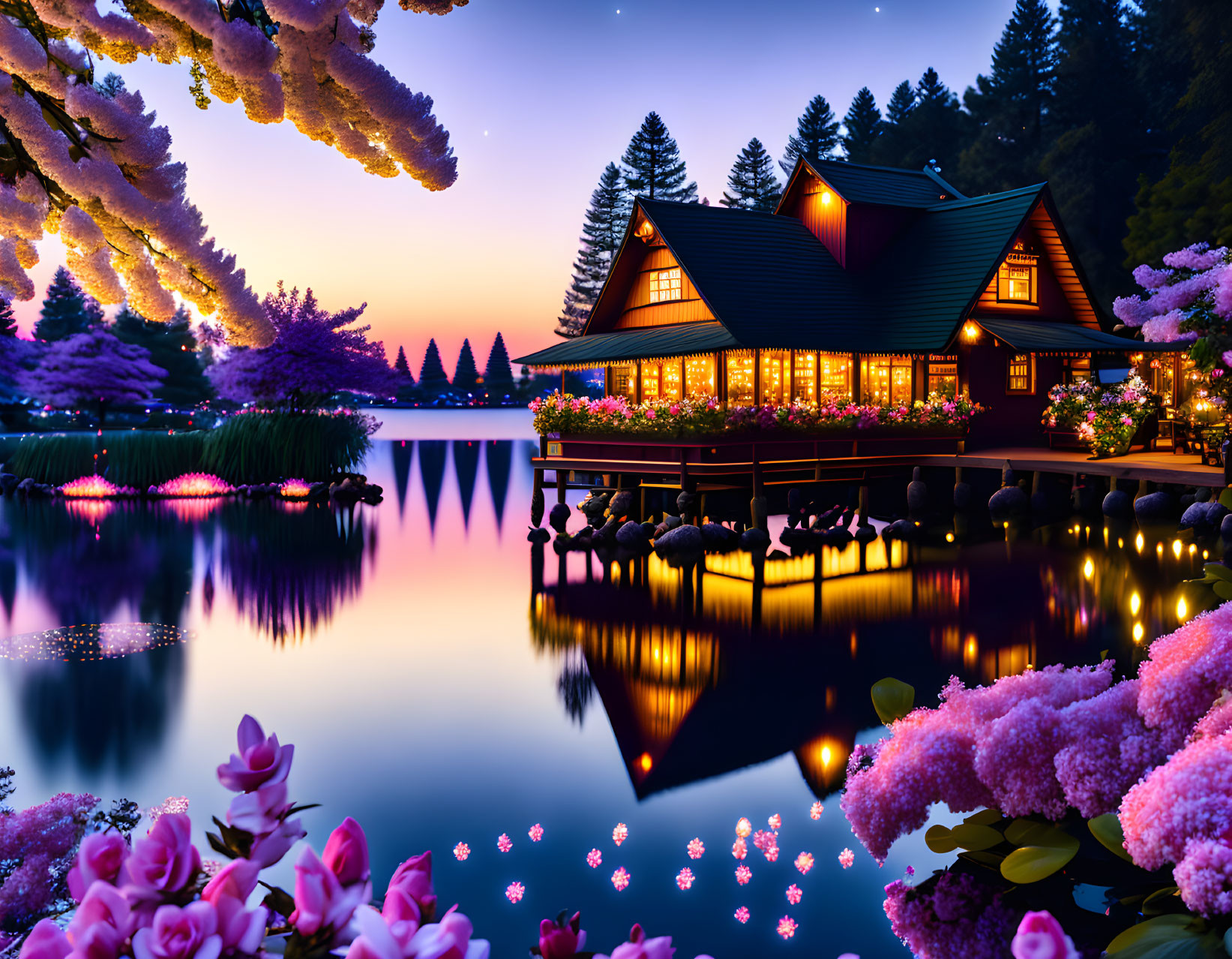 Twilight lakeside house with illuminated windows and vibrant flowers