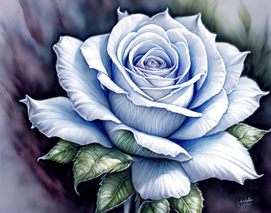 Detailed Blue Rose Painting with Soft Petals and Green Leaves