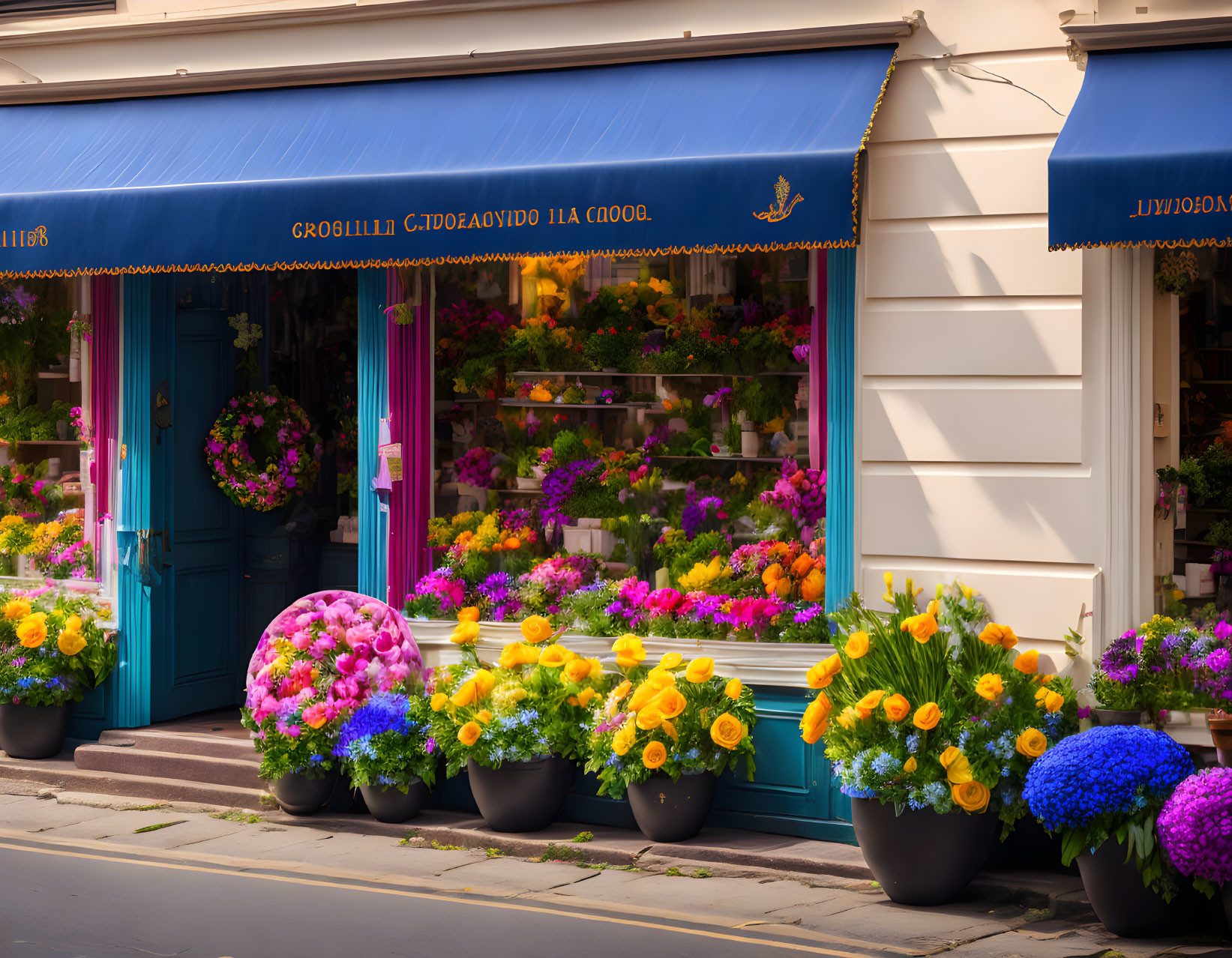 Bright blue awnings and vibrant flowers on charming flower shop facade