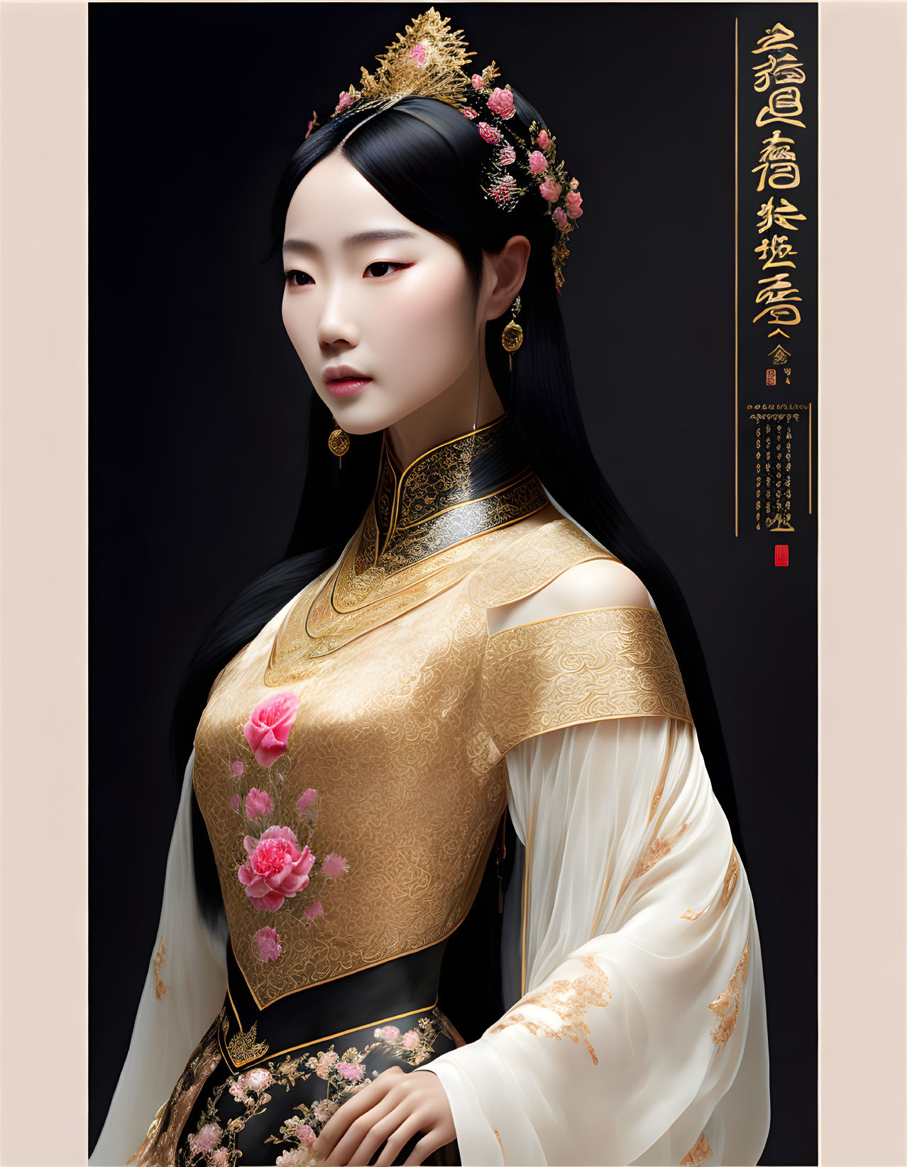 Detailed illustration of elegant woman in traditional Asian attire with gold embroidery, floral headpiece.
