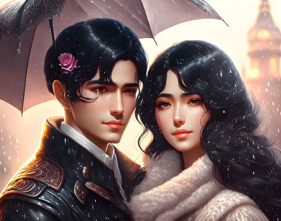 Digital Artwork: Elegant Couple Sharing Umbrella