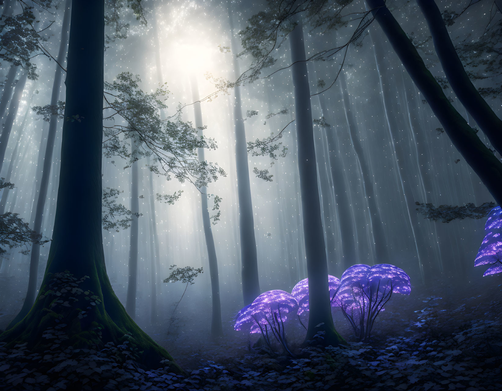 Enchanting Misty Forest with Tall Trees and Glowing Purple Mushrooms