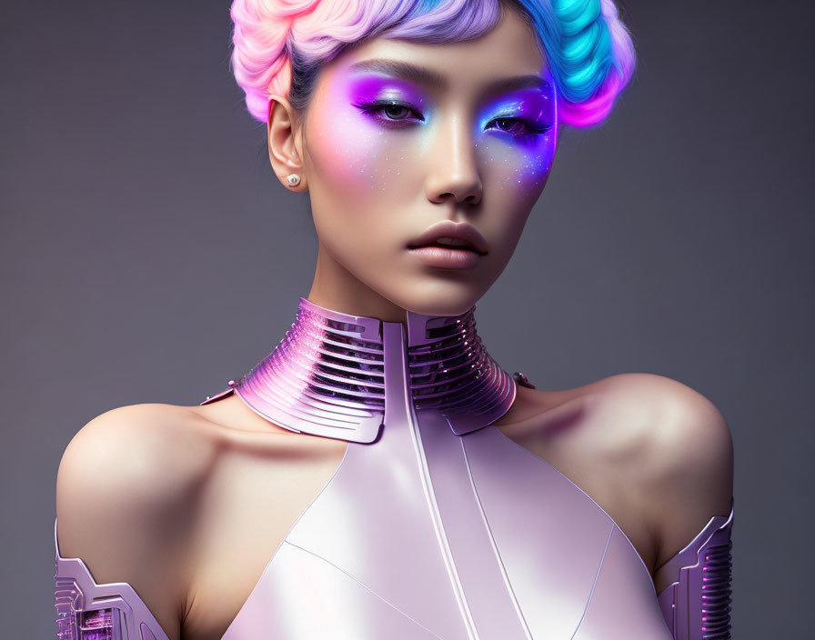 Futuristic woman with pastel hair and galaxy makeup in metallic attire