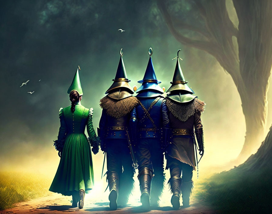 Three individuals in fantasy medieval attire walking towards a large tree under ethereal light.