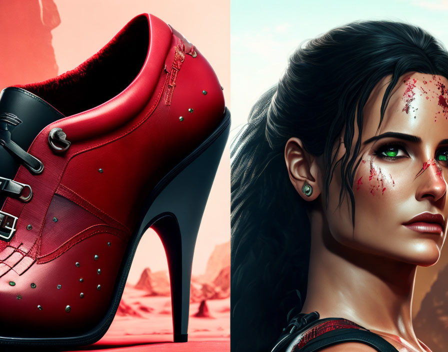 Split image of red high-heeled shoe and woman's face with red speckles.