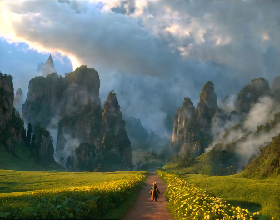 Mysterious cloaked figure in mystical valley with towering peaks