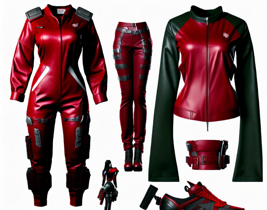 Red Motorcycle Gear Set with Black Accents and Emblems