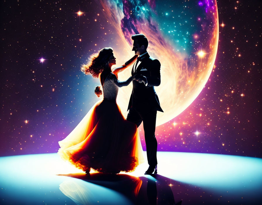 Silhouette of elegant couple dancing against cosmic backdrop with planet and stars.