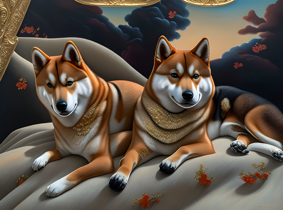 Two Shiba Inu Dogs Wearing Ornate Collars in Fantasy Autumn Setting