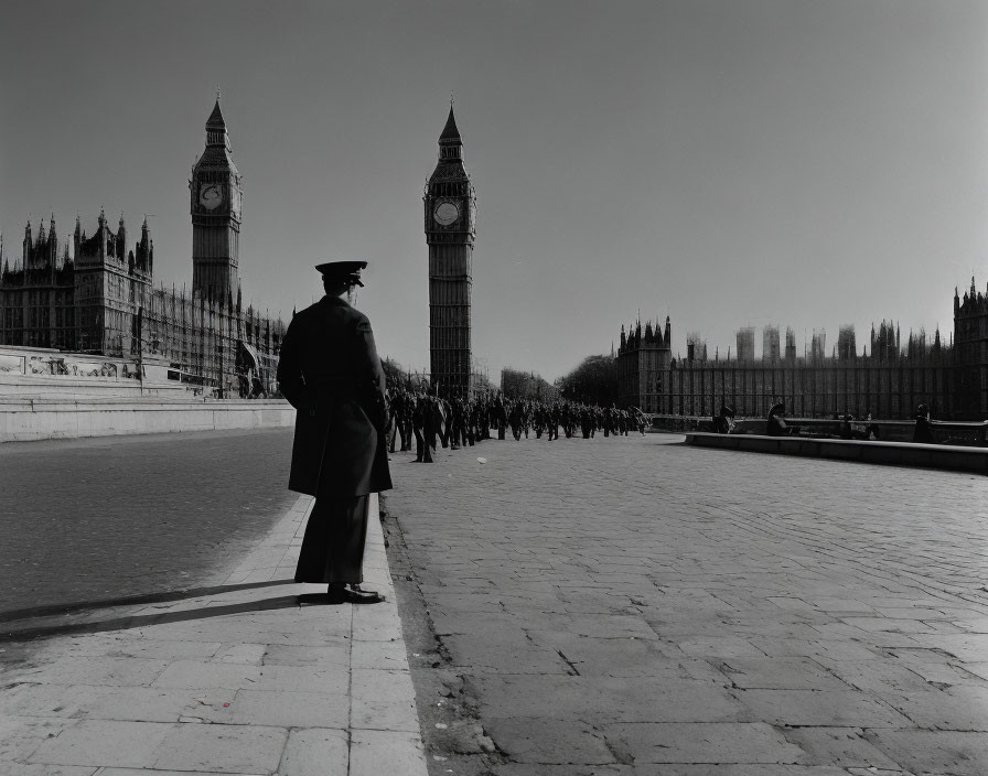 Uniformed figure on promenade with Big Ben and UK Parliament in background