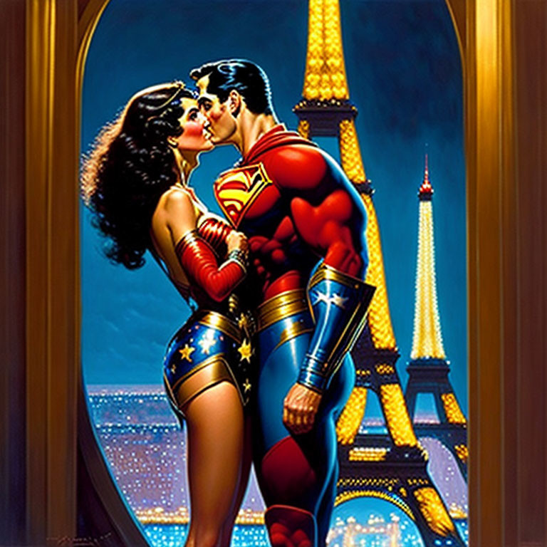 Superheroes kissing in front of Eiffel Tower at night