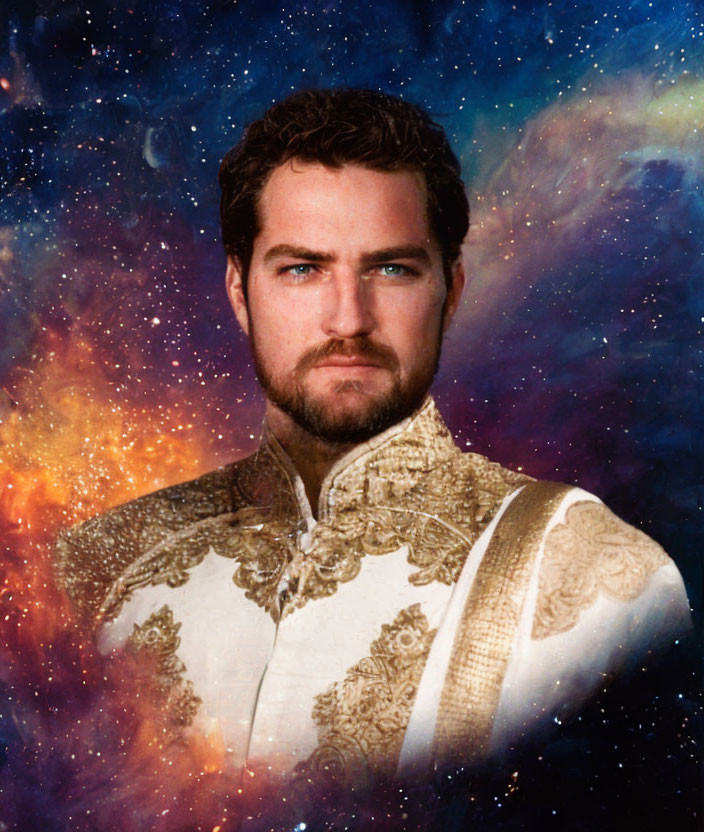 Dark-Haired Man in White and Gold Outfit on Cosmic Background