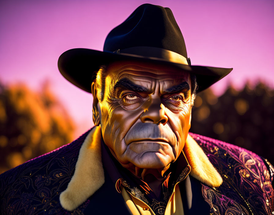 Stylized image of stern man in fedora hat & coat against purple-orange sunset.