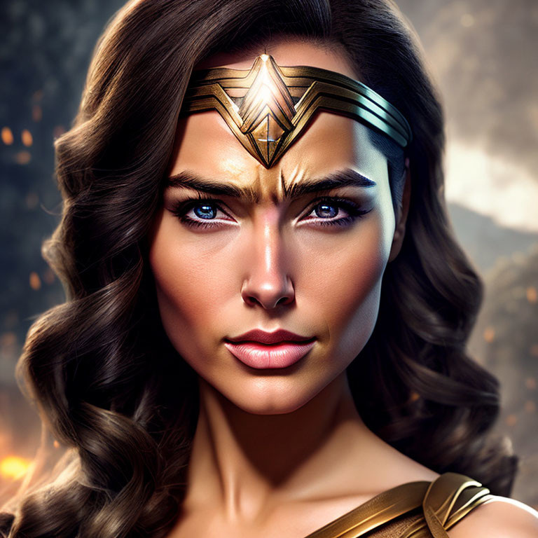 Intense Gaze Woman in Gold Tiara and Armor with Fiery Bokeh Background