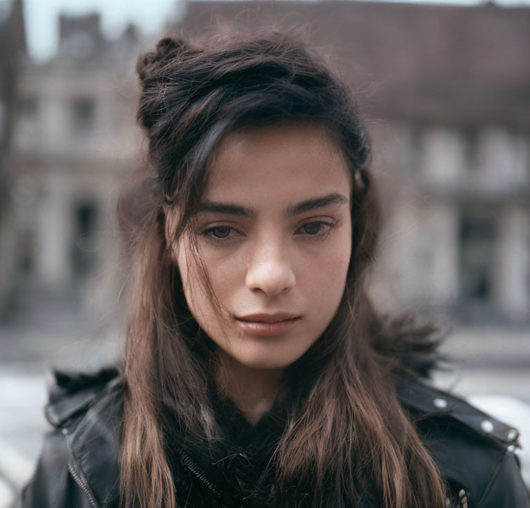 Tousled hair woman in leather jacket with city backdrop