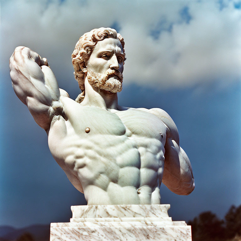 Muscular man marble statue with flexed arm against cloudy sky