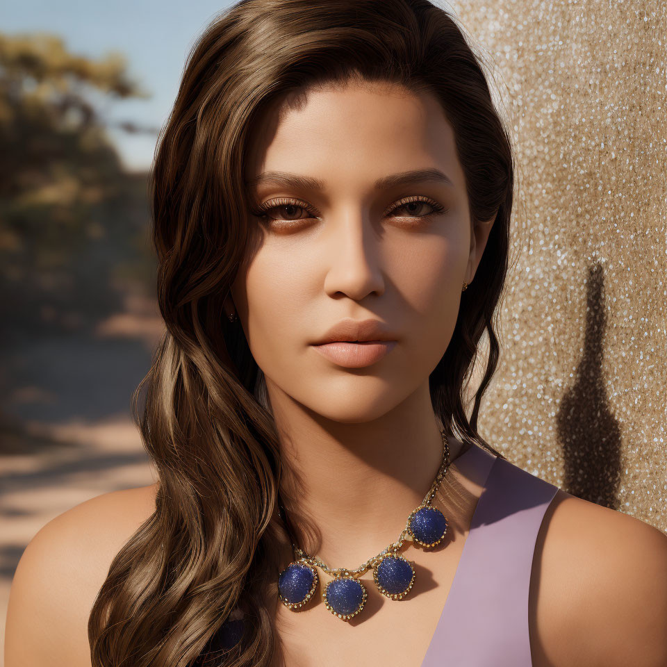 Woman with Wavy Hair and Blue Stone Necklace in Pensive Pose