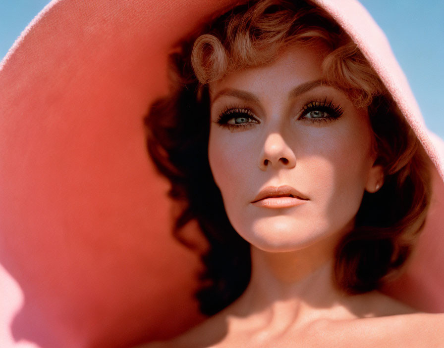 Vintage makeup woman with curly hair and pink hat in shadow on blue sky