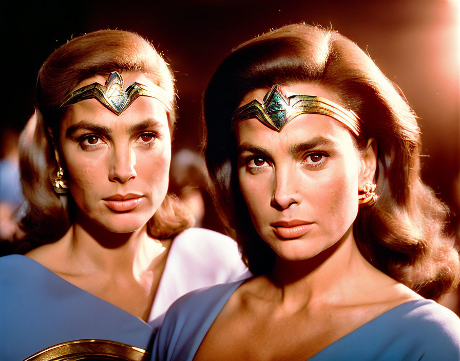 Two women in Wonder Woman costumes with tiaras in focused gaze.