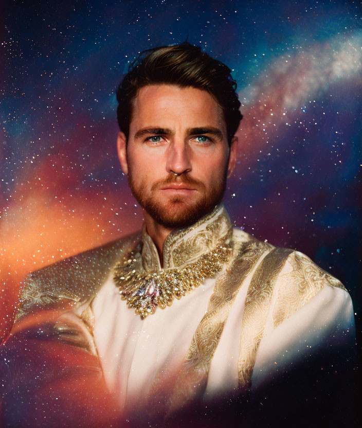 Bearded man in white and gold garment against starry backdrop