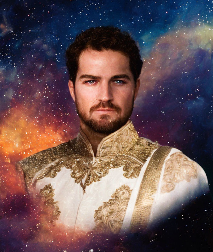 Bearded man in ornate white outfit against cosmic backdrop