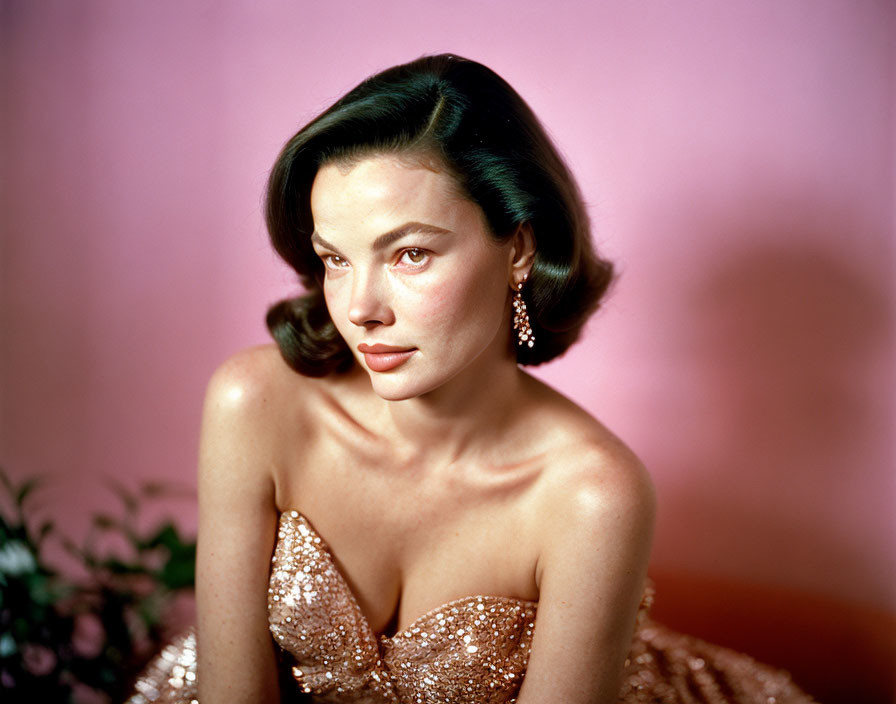 Short Wavy Hair Individual in Sparkling Earrings and Sequined Outfit on Pink Background