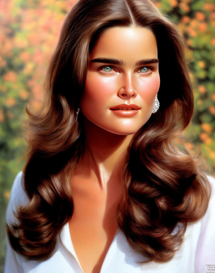 Woman with Long Wavy Brown Hair and Blue Eyes in Autumnal Setting