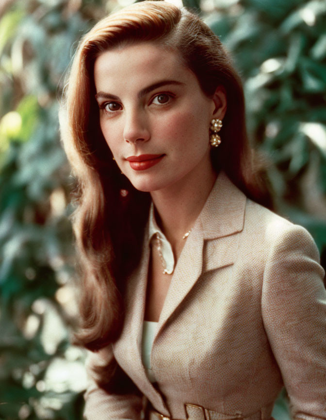 Professional woman in light suit with styled hair and pearl earrings gazes at camera