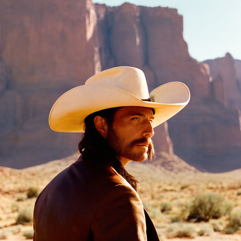 Man with mustache in cowboy hat and jacket in desert landscape