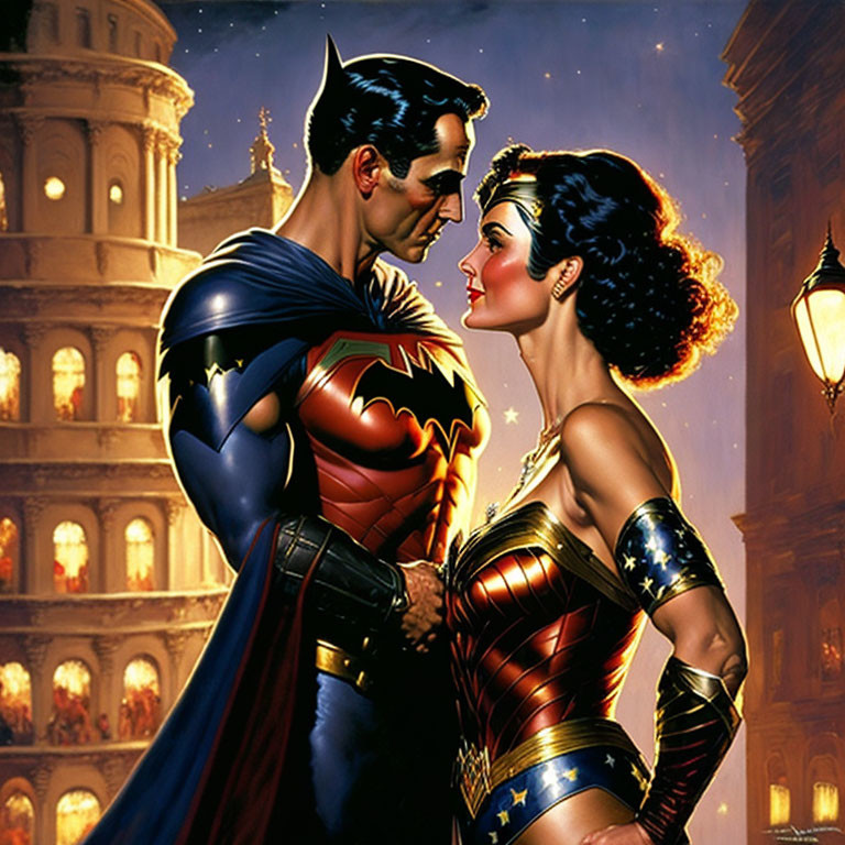 Superman and Wonder Woman in romantic city backdrop