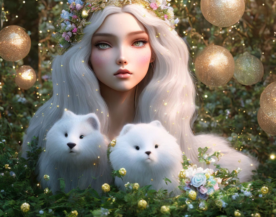 Porcelain-skinned female with white hair and foxes in floral setting