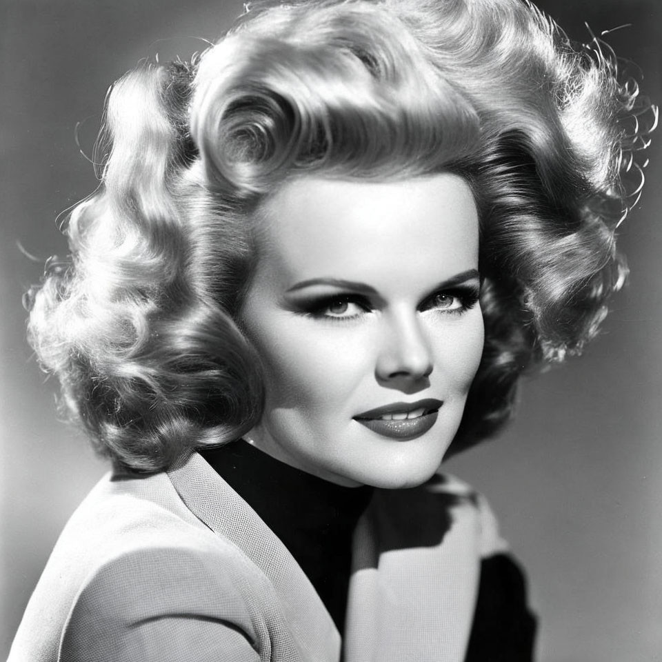 Classic Black and White Portrait of Woman with Curly Hair and Striking Makeup