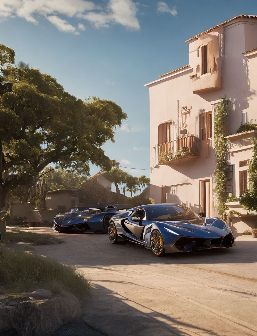 Luxury sports cars outside Mediterranean villa with lush trees and clear skies