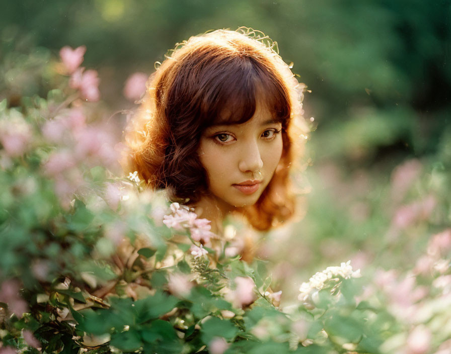 Curly-haired woman gazes in sunlit flower field