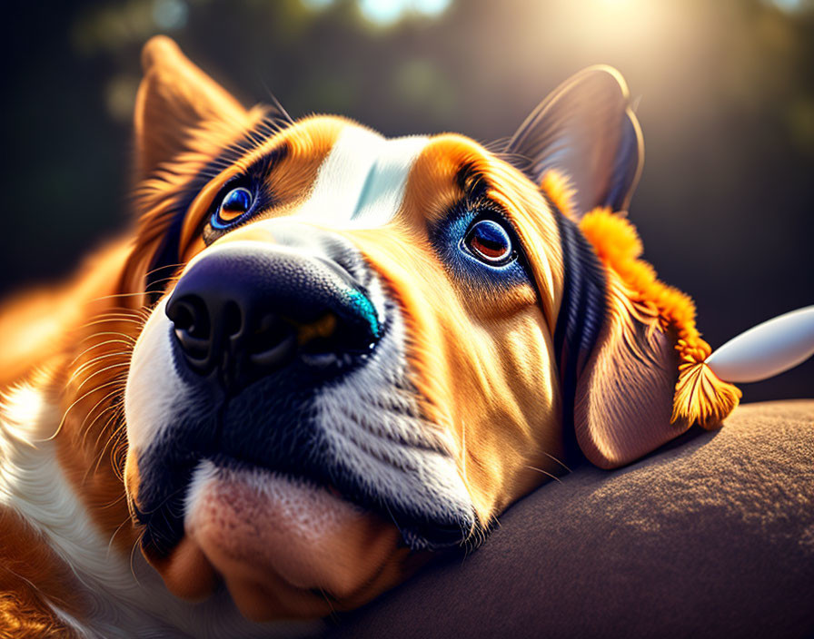 Brown and White Dog with Blue Eyes Lying Down in Golden Light