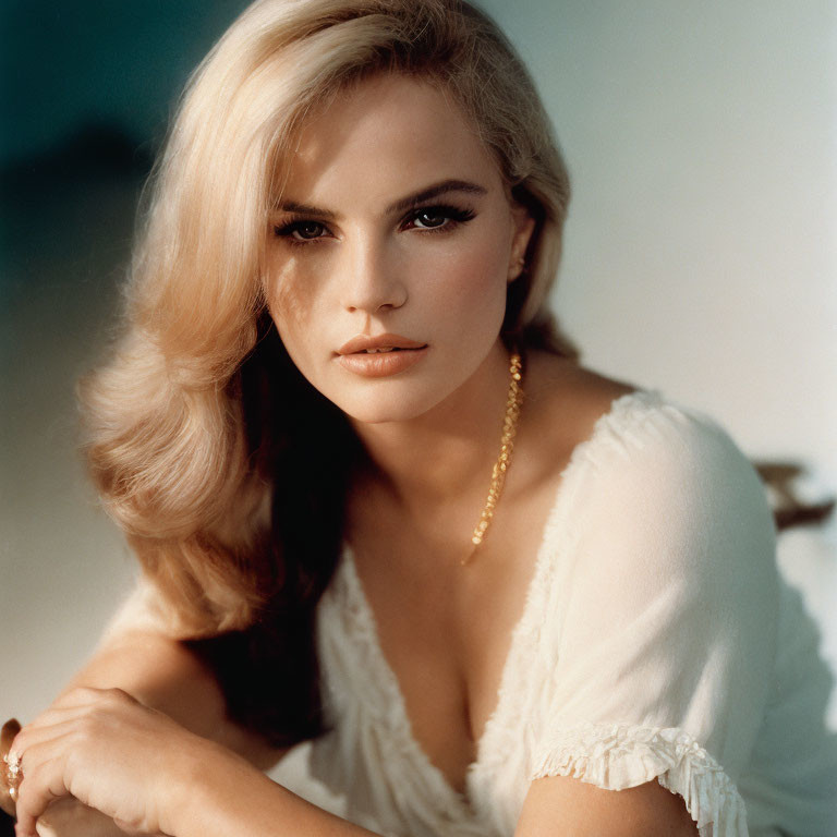 Blonde woman in white blouse against golden backdrop