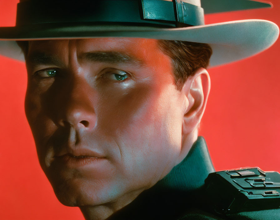 Serious man in military attire with hat on red background