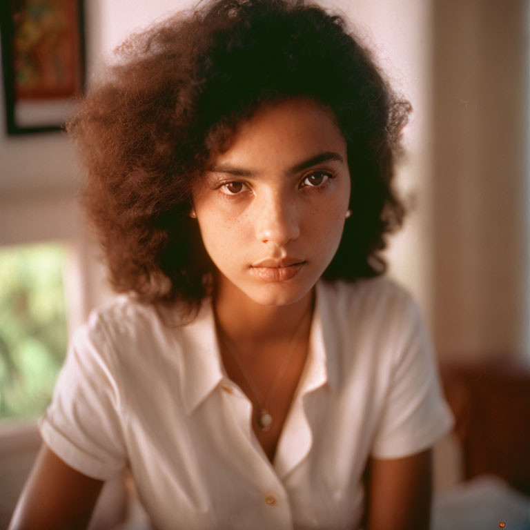 Curly Haired Woman in White Shirt Sitting in Softly Lit Room