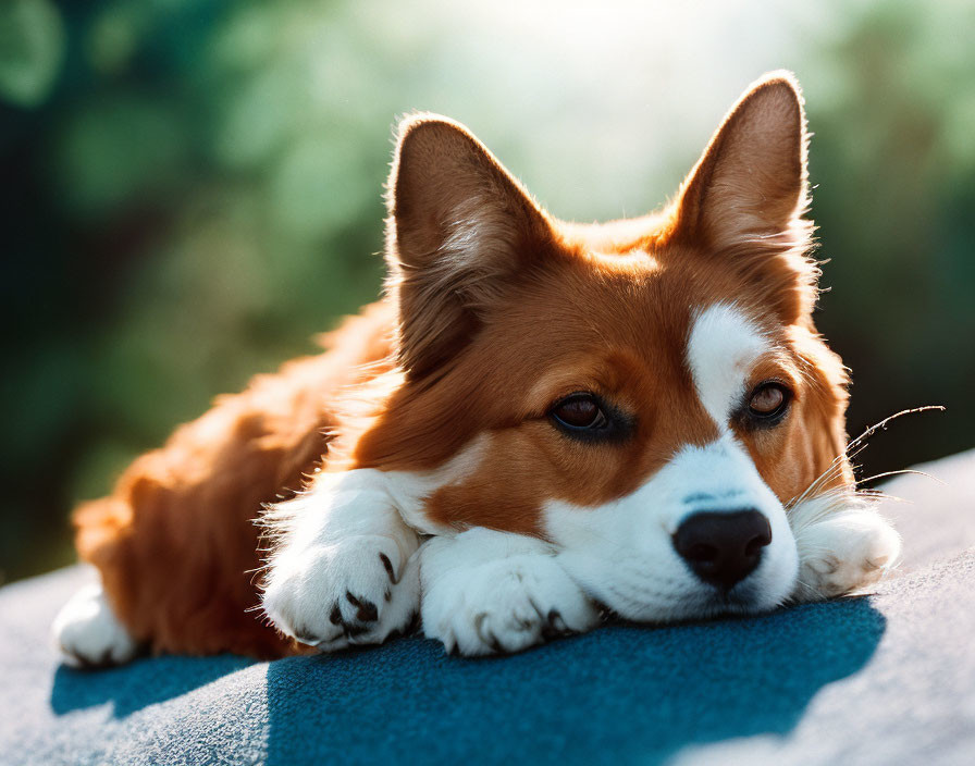 Corgi dog resting on paws in sunlight against green background