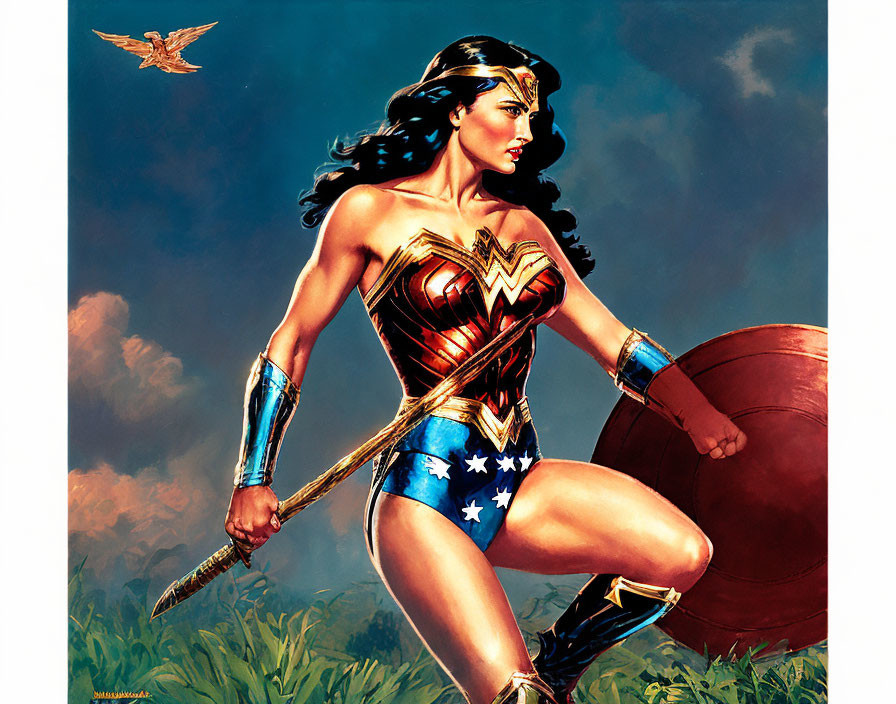 Superheroine with shield and Lasso of Truth under blue sky with eagle.