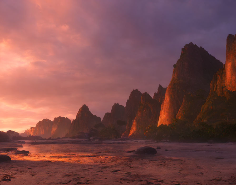 Tranquil beach sunset with purple-pink cliffs