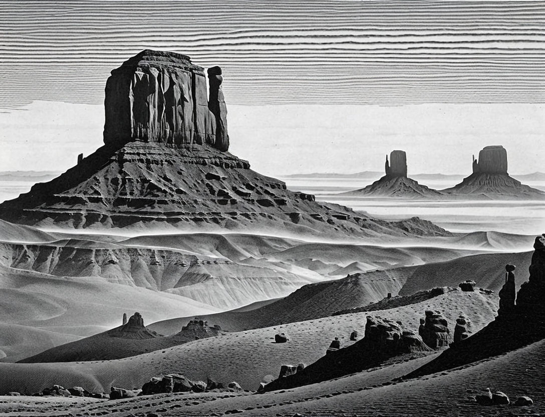 Monument Valley black and white photograph of sandstone buttes under dramatic sky