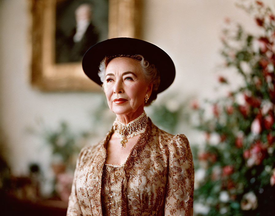 Sophisticated older woman in wide-brimmed hat and ornate necklace in floral room