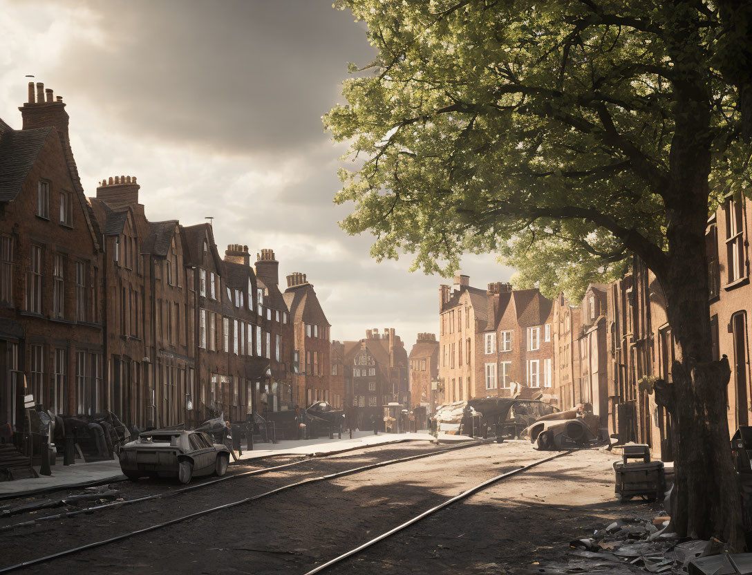 Vintage cars on cobblestone street with classic brick buildings