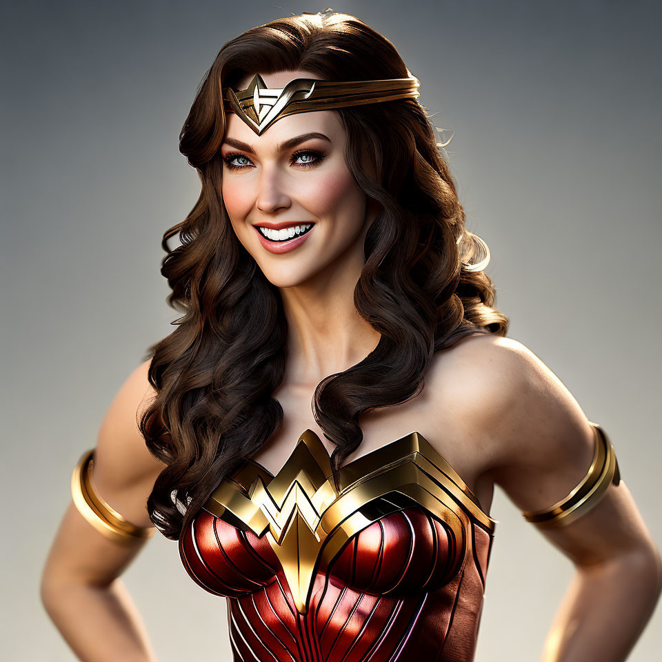 3D illustration of smiling woman in Wonder Woman costume