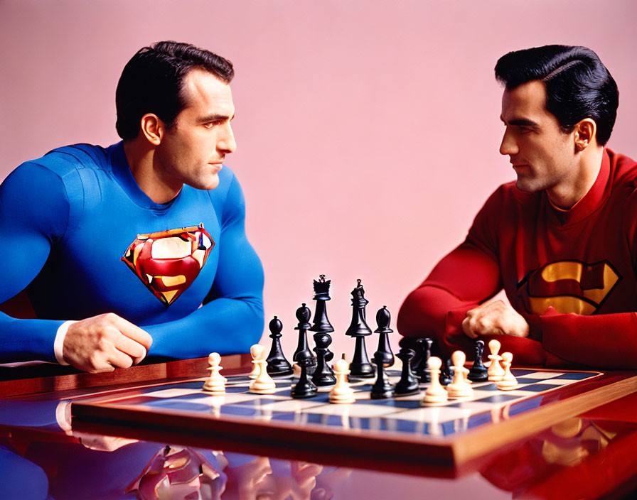 Superman-themed chess game on red surface with pink backdrop